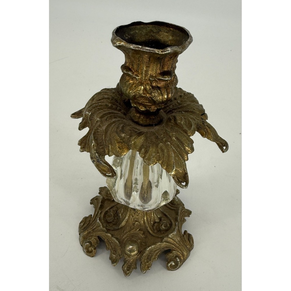 vtg Hollywood Regency Style Cherub Face Candle Holder Gold Gilt Metal Glass 1973